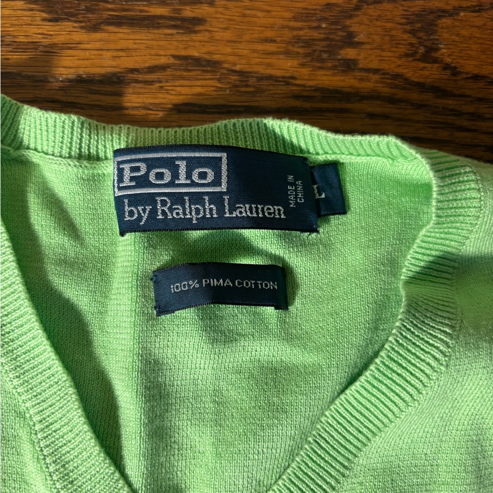 Ralph Lauren Lime Green Pullover Sweater Pima Cotton V Neck, L - Picture 4 of 7